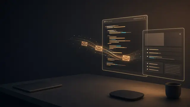 Abstract artwork: a glowing terminal pane and a desktop app panel above a dark desk, with sealed envelopes of light flowing between them.