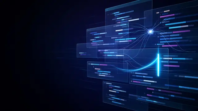 Abstract artwork: layered translucent editor panes with colored bars in place of code and a bright cursor beam.