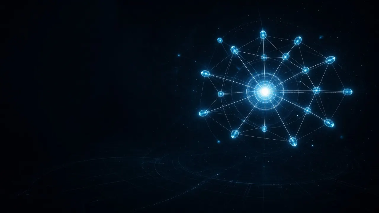 Abstract artwork: a constellation of glowing agent nodes around a bright core, linked by thin threads of light on a dark background.