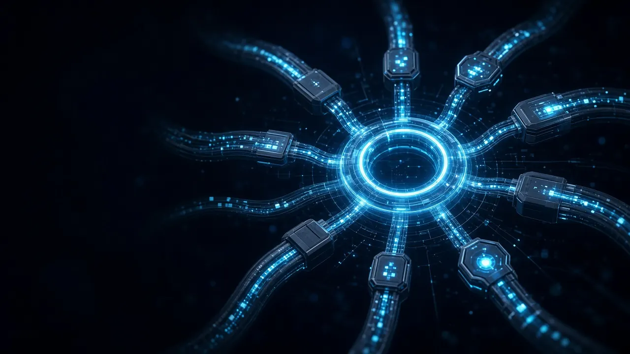 Abstract artwork: a glowing ring hub with many cables and plug modules docking into it, carrying packets of light.