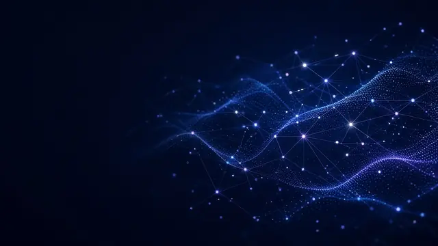 Abstract artwork: waves of glowing blue and violet dots joined by fine lines, like a network of agents.