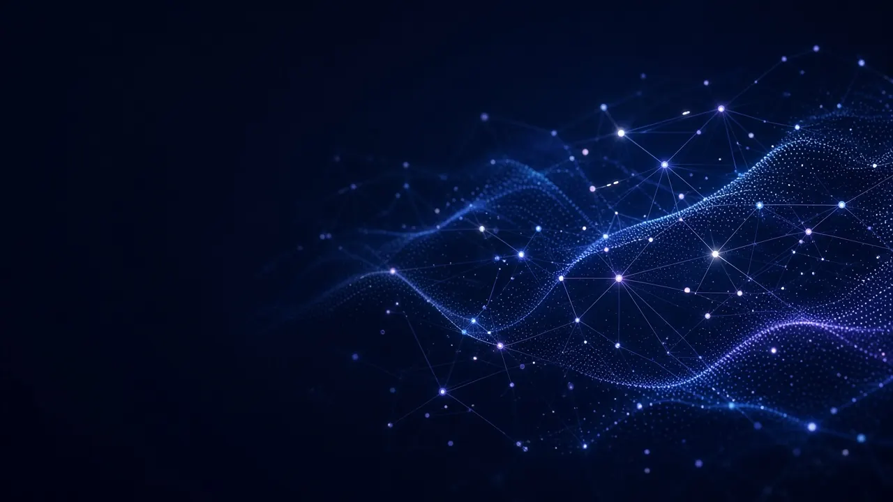 Abstract artwork: waves of glowing blue and violet dots joined by fine lines, like a network of agents.