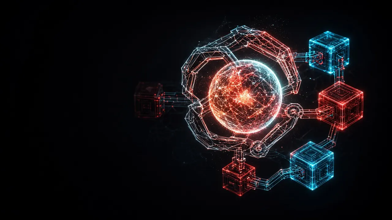 Abstract artwork: a wireframe gripper holding a glowing orb, surrounded by modular plug-in blocks.